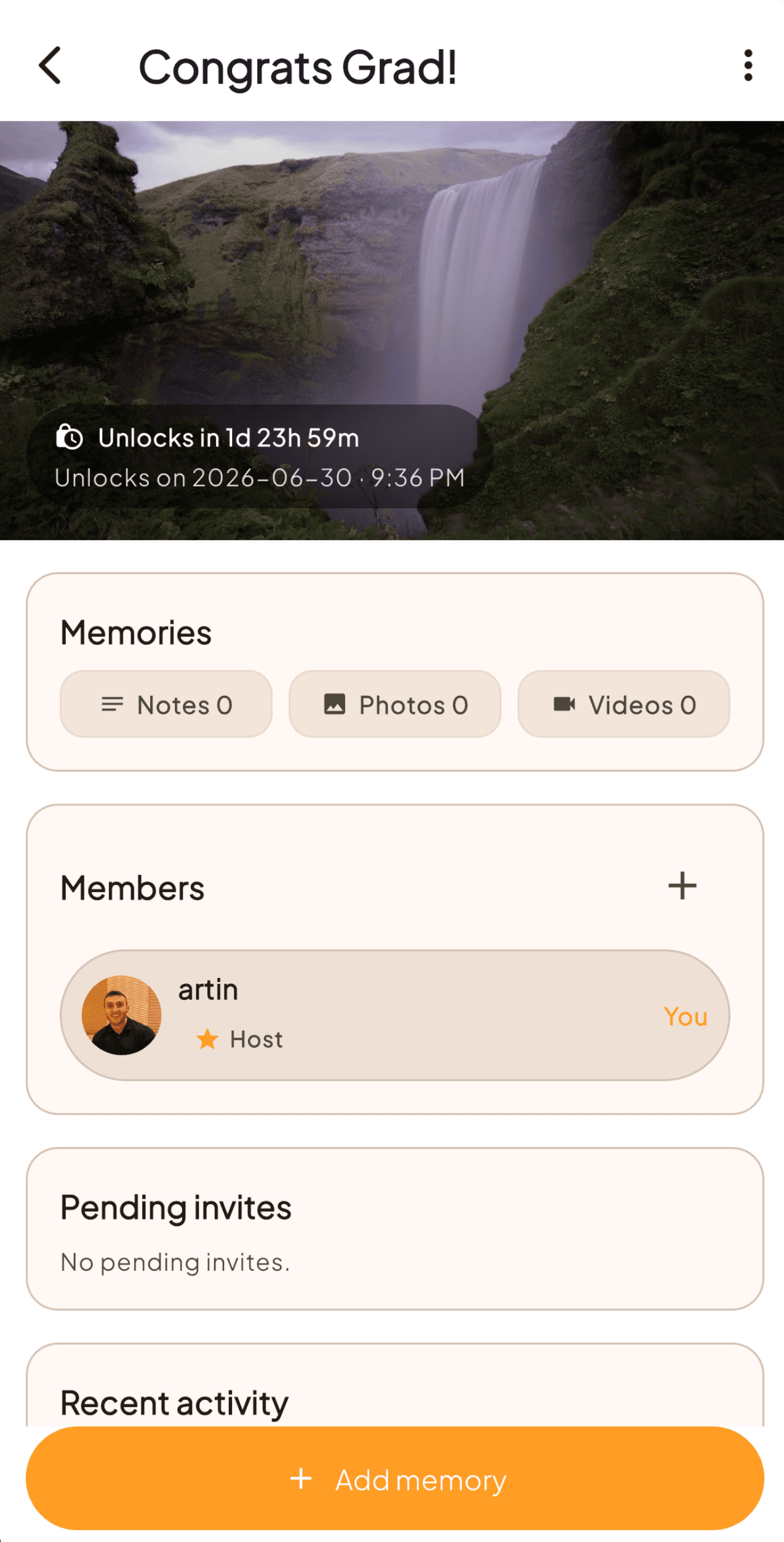 Moments app showing a locked graduation Moment with memories and members